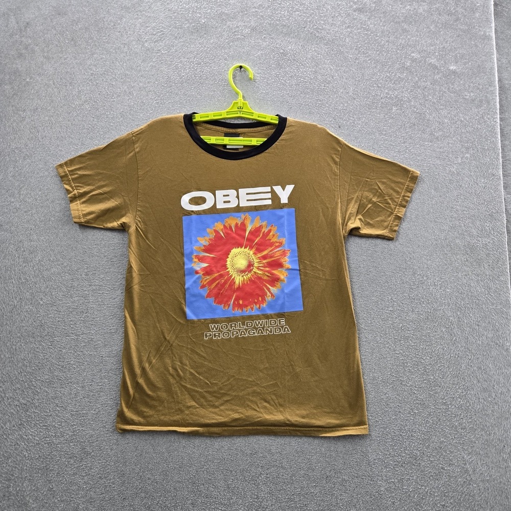 Obey Men Shirt M Brown Graphic Flower Obey Logo Short Sleeve Ringer Y2K Grunge